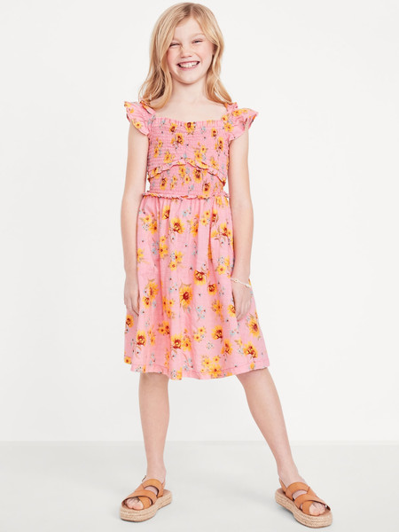Printed Flutter-Sleeve Smocked Fit and Flare Dress for Girls | Old Navy (US)
