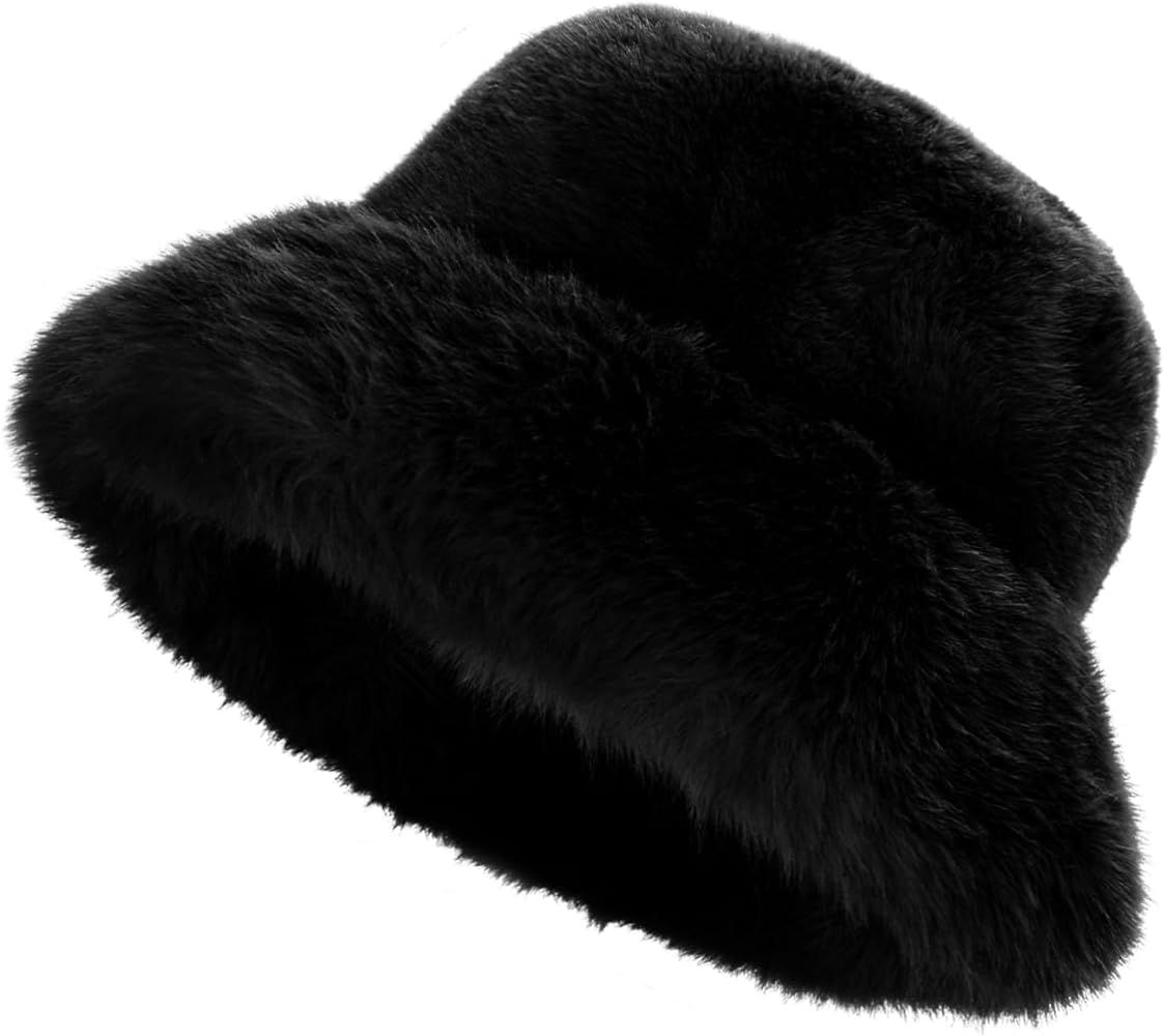 Yonchic Winter Soft Faux Fur Plush Bucket Hat, Lovely Fuzzy Fisherman Cap, Fashion Outdoor Thick ... | Amazon (US)