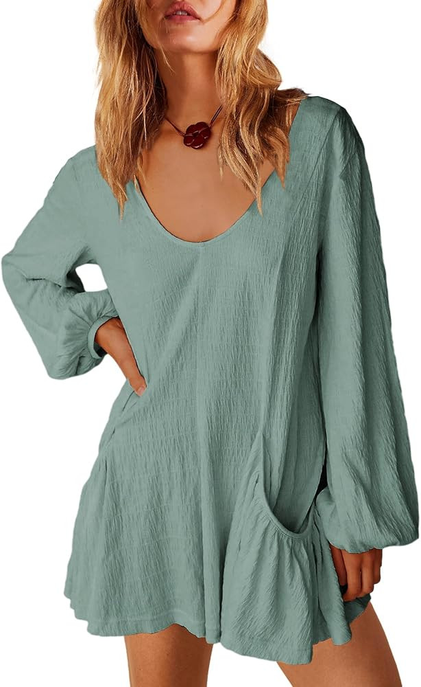 LAMISSCHE Womens Dresses Oversized Puff Long Sleeve Mini Dress Sweet Smocked A Line Sundresses Ca... | Amazon (US)