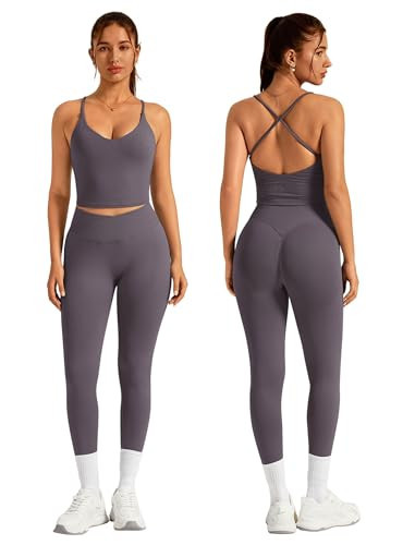 ABOCIW Workout Sets for Women 2 Piece Seamless V Neck Strappy Tank Top with Bra Crossover Waist Scrunch Butt Lifting Leggings Gym Sets Yoga Pilates Outfits Work Out Clothes Dove Small | Amazon (US)