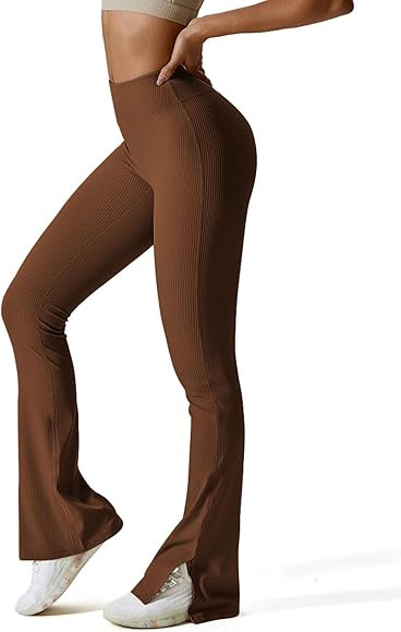 ABOCIW Women Ribbed Seamless Slit Hem Flared Leggings High Waist Bootcut Yoga Pants Tummy Control... | Amazon (US)