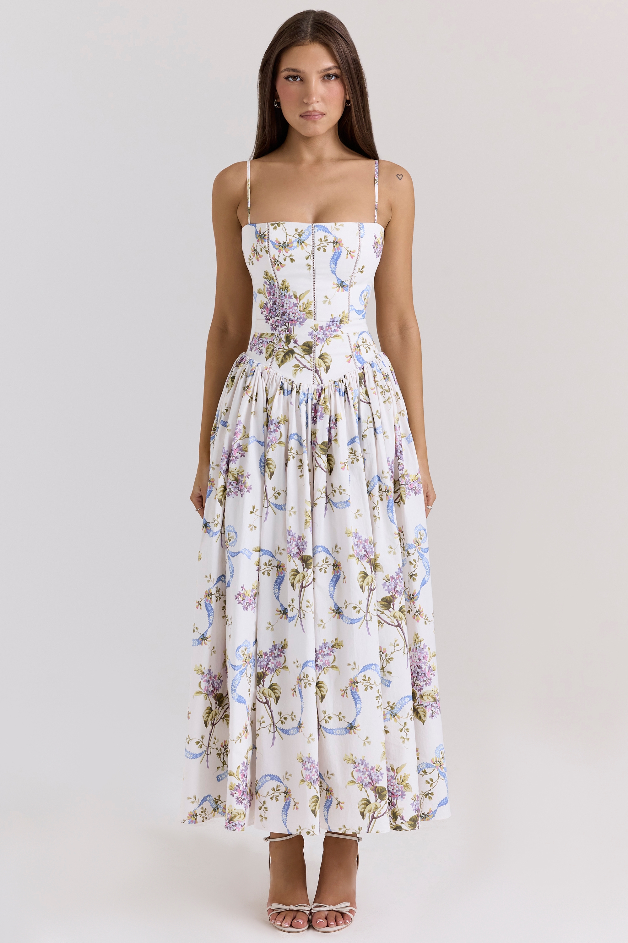 off white vintage ribbon print cotton midi sundress | House of CB