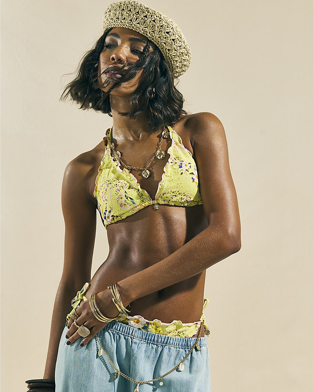 Yellow Triangle Daisy Floral Print Bikini Top | River Island UK & IE