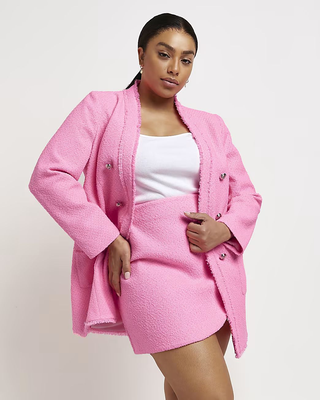 Plus pink boucle oversized blazer | River Island (UK & IE)