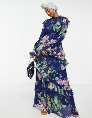 ASOS DESIGN embellished maxi dress with layered skirt and lace insert detail in blue floral print | ASOS (Global)