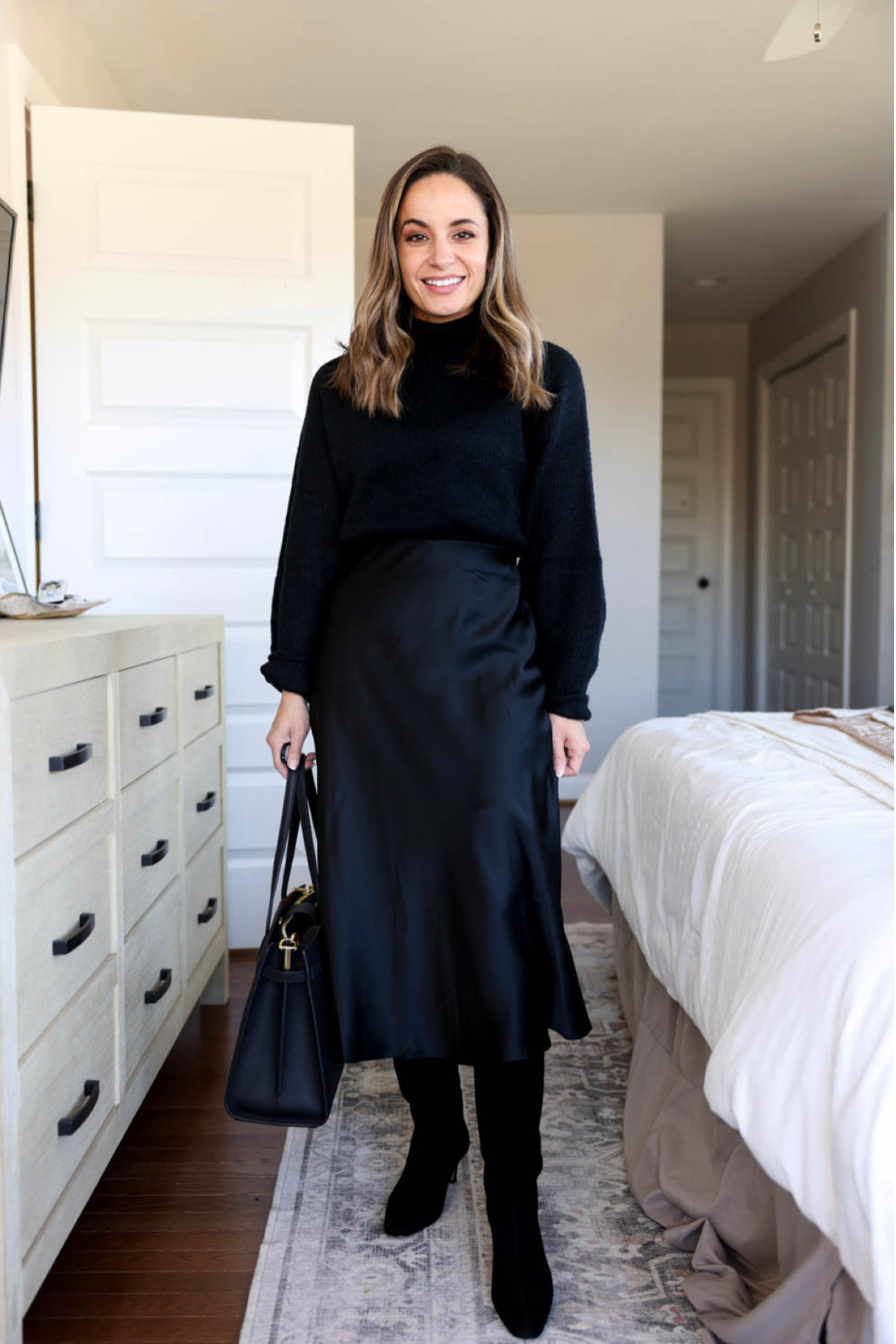 Black boots: true to size with a slim fit calf. 14” shaft height and 13” shaft
Quince skirt: xs 
Spanx shorts: xs 
Walmart sweater: xs 

#LTKshoecrush #LTKworkwear #LTKstyletip