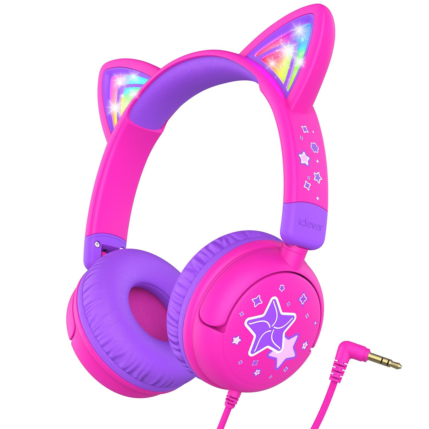 iClever Kids Headphones Cat Ear, LED Light Up, 85dBA Safe Volume, Stereo Sound Toddler Headphones for Travel School, Foldable 3.5mm Wired Kids Headphone for iPad Tablets, Meow Lollipop-Hot Pink | Amazon (US)