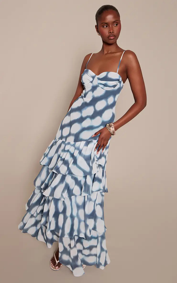 Blue Abstract Frill Hem Maxi Dress | PrettyLittleThing UK