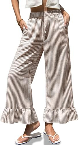 TARSE Womens Gingham Wide Leg Pants High Waist Ruffle Hem Trousers | Linen Blend, Plaid Striped F... | Amazon (US)