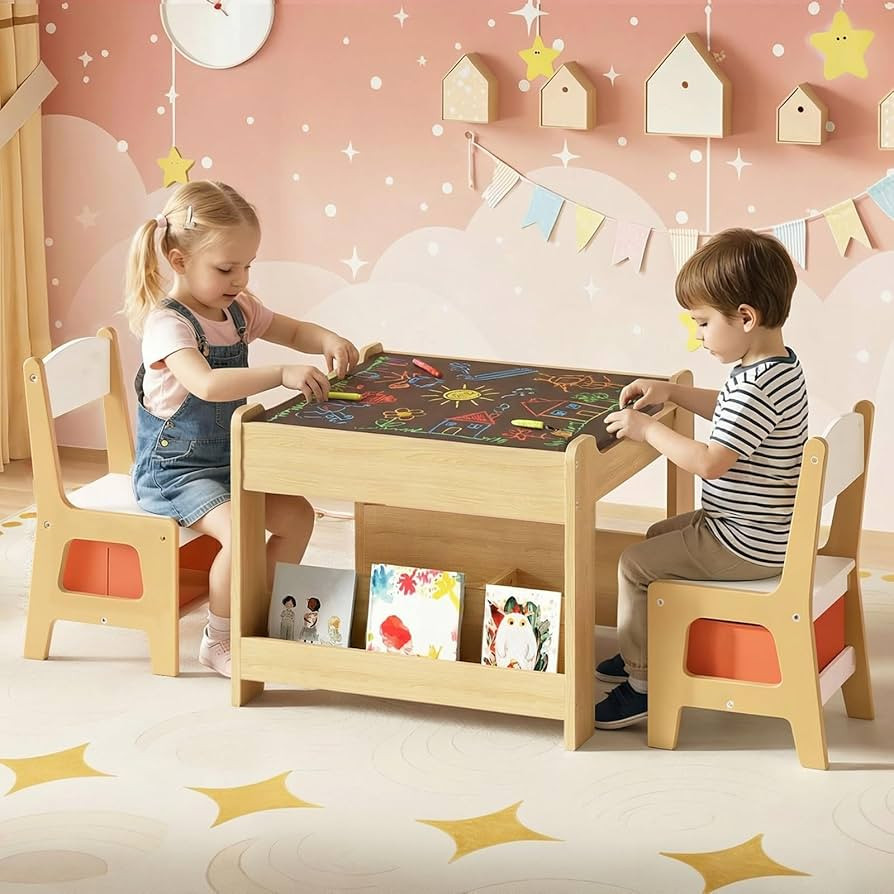HOOBRO Kids Table and Chairs, Wooden Kids Table and 2 Chairs with Double-Sided Tabletop, Toddler ... | Amazon (US)