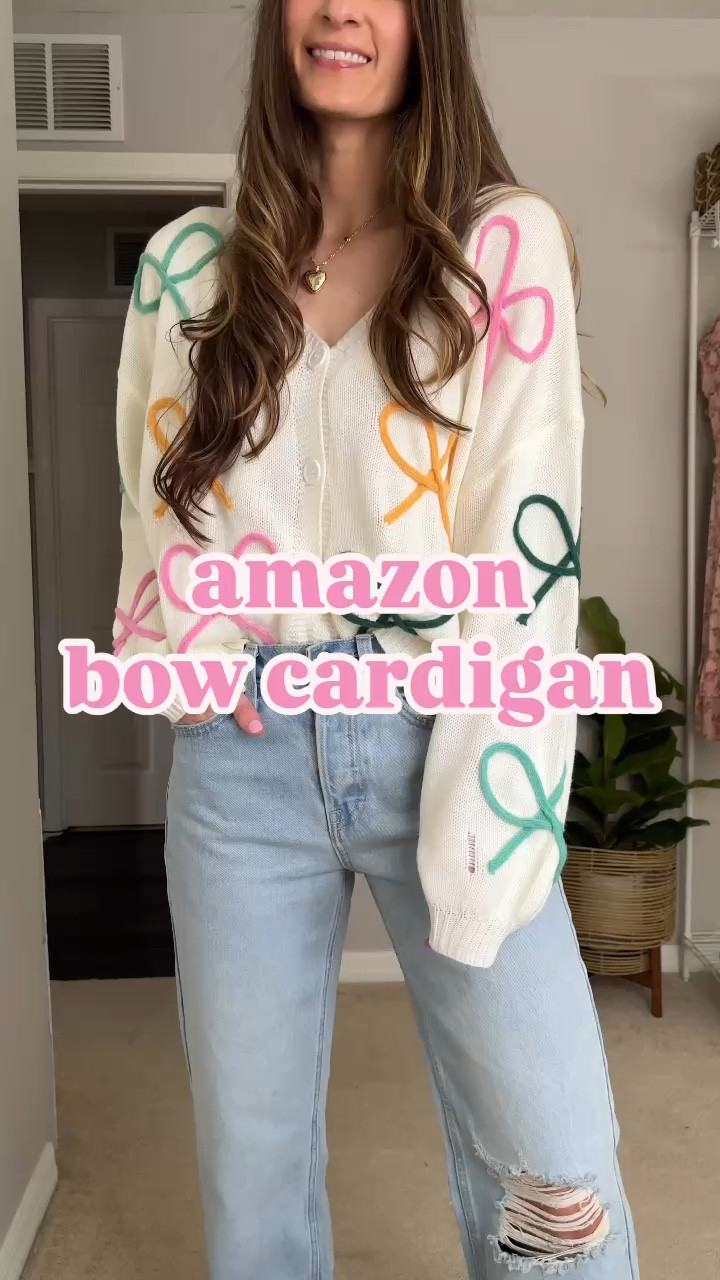 Amazon bow cardigan!

**sizing:
Cardigan: m, fits tts I just wanted an oversized fit
Jeans: I’m wearing a 2 here, but they are a little big on me & I ended up getting a zero!

#LTKFindsUnder50 #LTKWatchNow