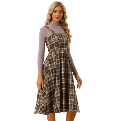 INSPIRE CHIC Women's Plaid Vintage Sleeveless A-Line Overall Pinafore Dress Brown X-Small | Target