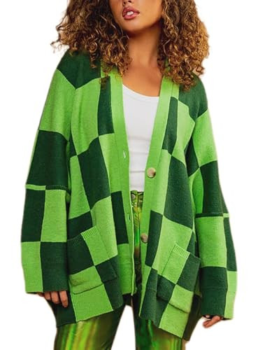 NUFIWI Women Oversized Knit Cardigan Checkered Open Front Long Sleeve Sweater Coat with Pocket Aesthetic Y2k Outerwear(Checkerboard Green,One Size) | Amazon (US)