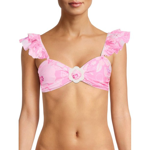 No Boundaries Juniors' Ruffle Strap Floral Bandeau Swim Top - Walmart.com | Walmart (US)