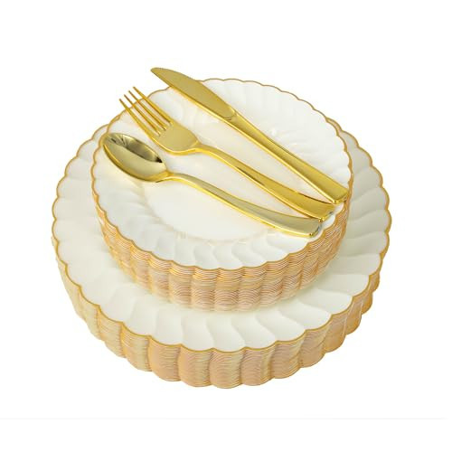150pcs Ivory Scalloped Plastic Plates Set with Gold Rim,Fancy Disposable Dinnerware Sets Include 60 Plastic Dessert Plates,30Forks, 30Knives, 30Spoons Perfect for Wedding & Easter & Mother's Day | Amazon (US)