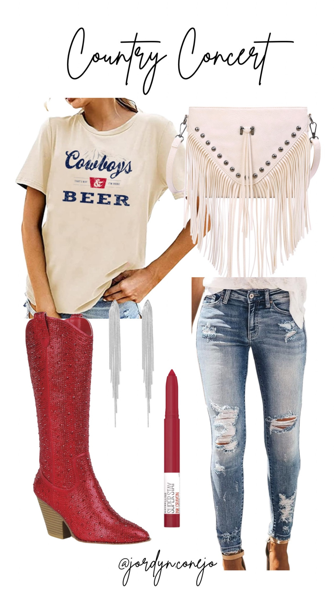 Country Concert Outfit- Nashville Outfit- Pack for Nashville- Red Boots- Rhinestone Boots- Cowboy Boots- Fringe Bag- Ripped Jeans- Womens Style- Tee Shirt- Casual Style- Concert Style- Luke Combs Concert Outfit 

#LTKFestival #LTKShoeCrush #LTKStyleTip