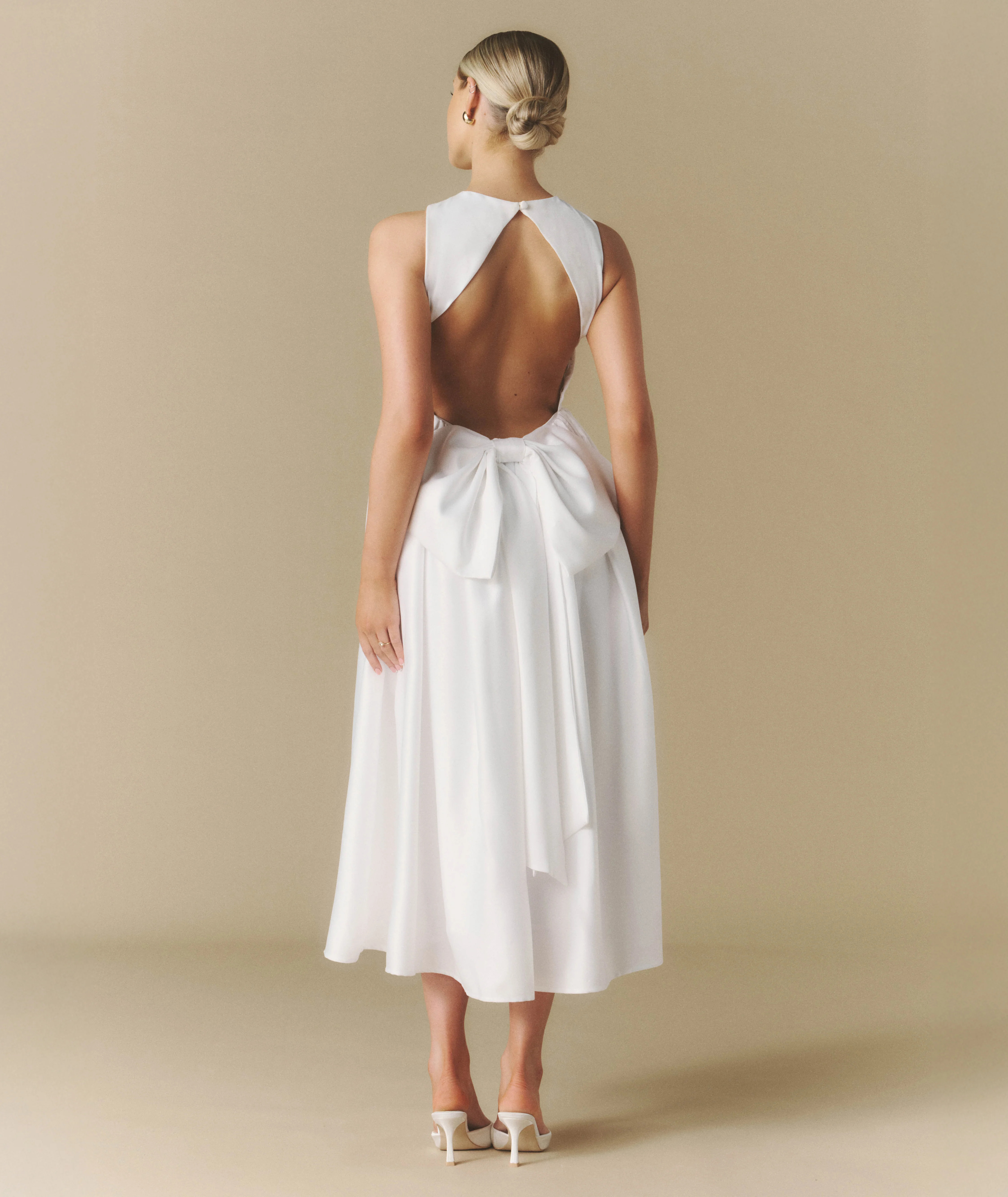 Bow Back Dropped Waist Midi Dress - White | Six Stories