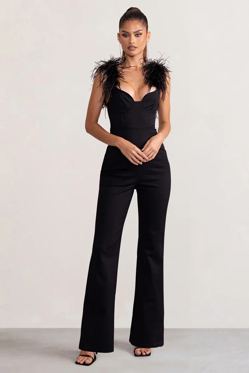 Verity | Black Feather Shoulder Corset Style Jumpsuit | Club L London