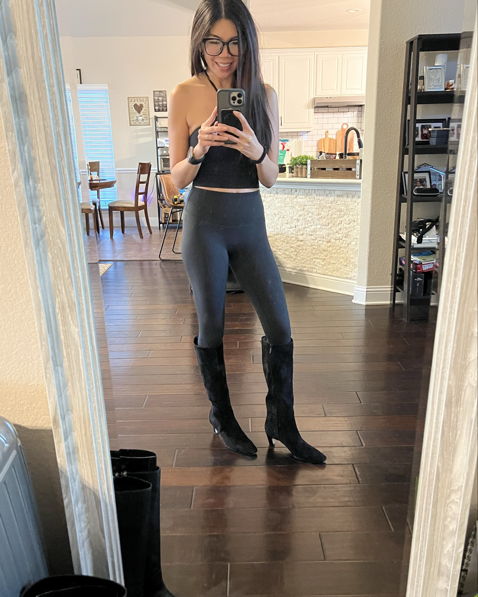 black suede knee high boots: size 8.5 (sized up because of pointy toe) 