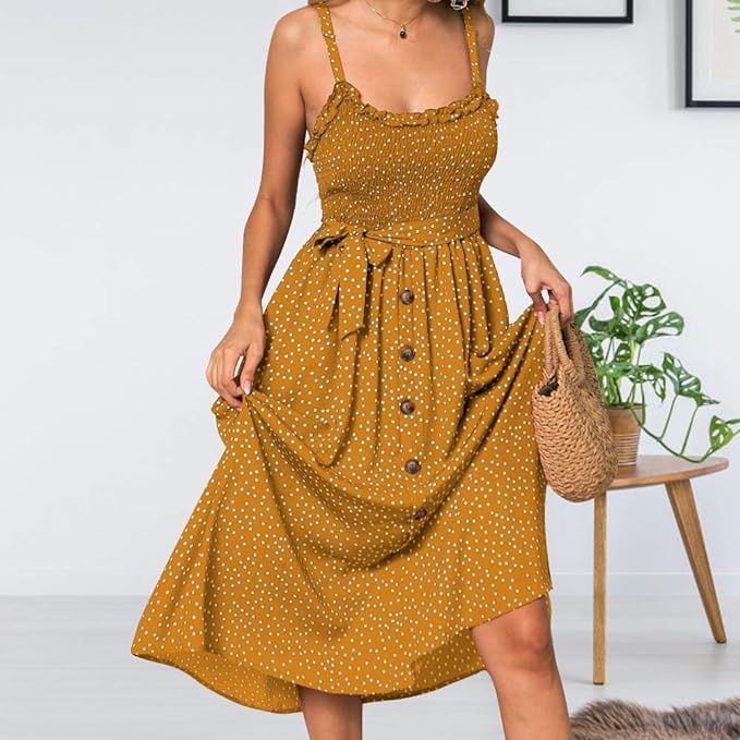 FENGTUOW Women's Maxi Dresses Summer Polka Sleeveless Button Down Midi Dress with Waist Band | Amazon (UK)