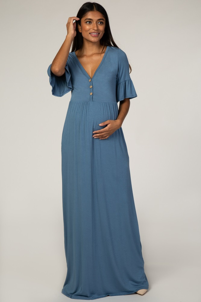 Dusty Blue Button Ruffle Sleeve Maternity Maxi Dress | PinkBlush Maternity