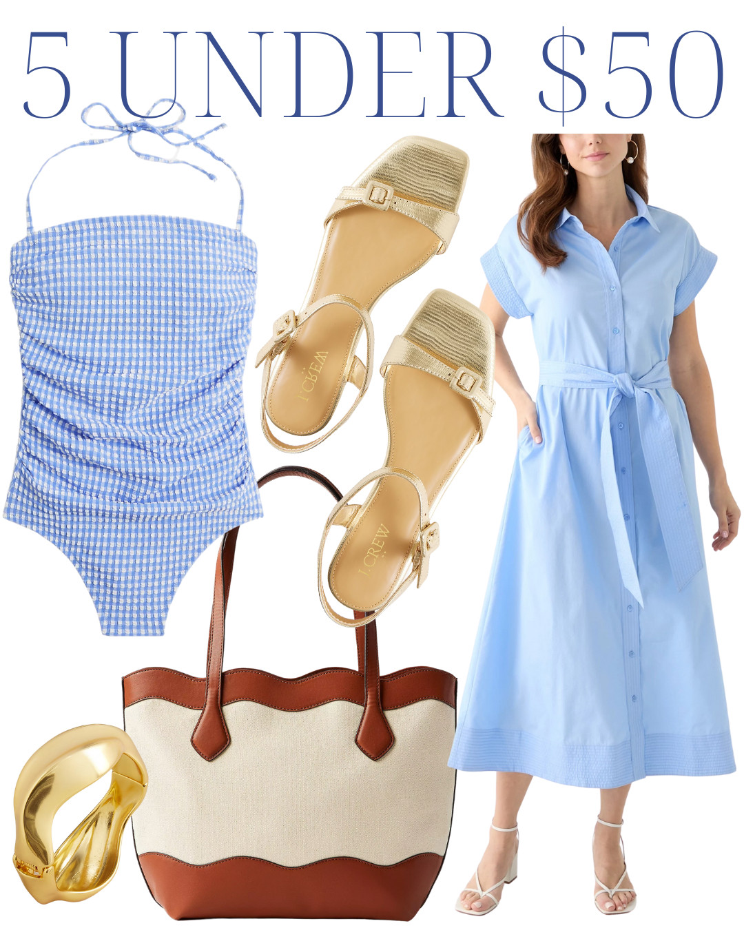 Easter dress, spring break, gingham swimsuit, blue gingham, wavy leather bag, gold sandals, gold bracelet, grandmillennial style, classic style, preppy style 

 #LTKSaleAlert #LTKFindsUnder50 #LTKStyleTip