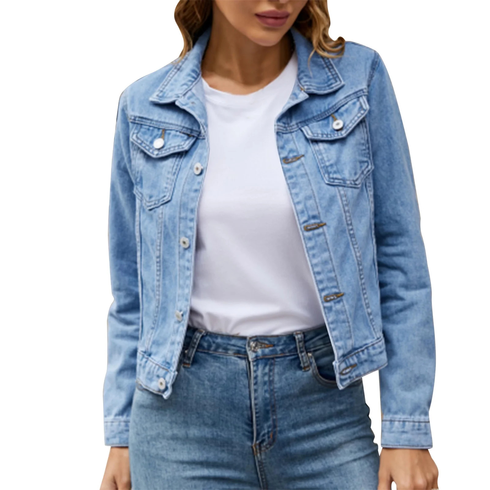 Women's Jackets Basic Solid Color Button Down Denim Cotton Jacket With Pockets Denim Jacket Outer... | Walmart (US)