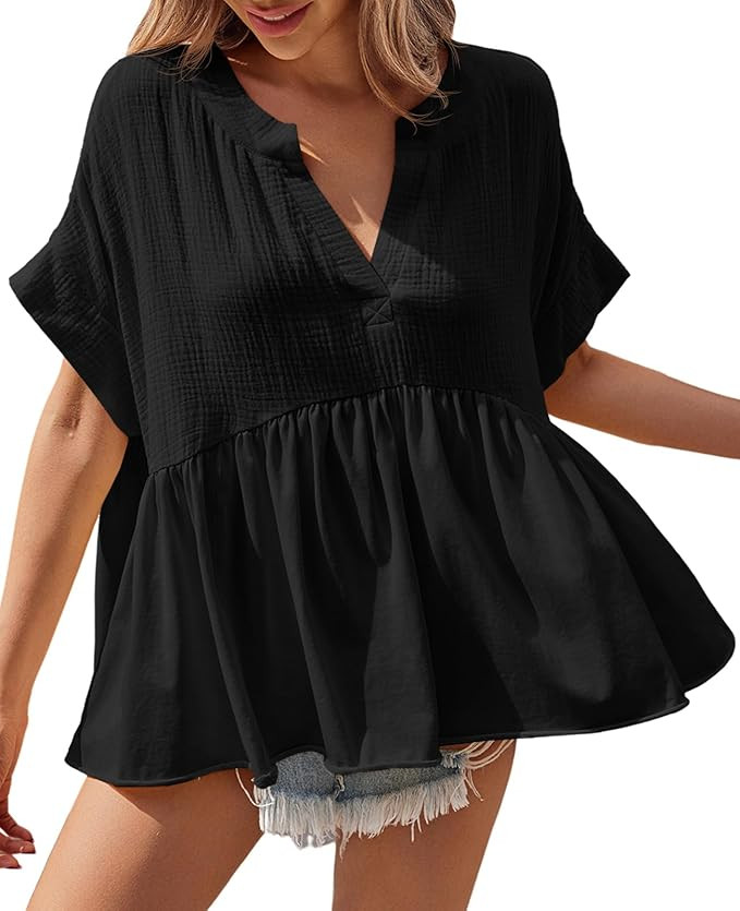 Tankaneo Womens Summer Babydoll Tops V Neck Short Sleeve Pleated Flowy Shirts Casual Loose Fit Pe... | Amazon (US)