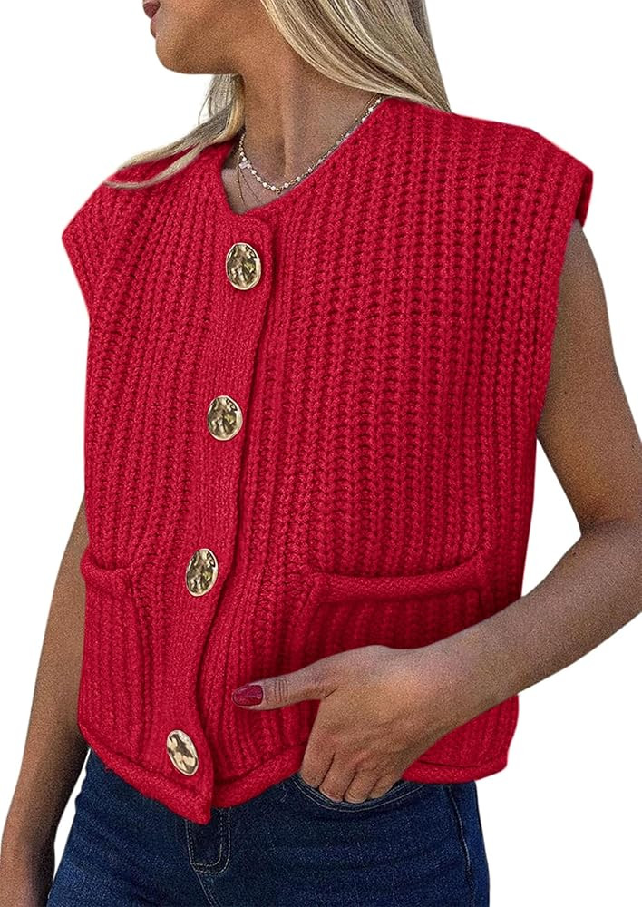 PRETTYGARDEN Women's Summer Sweaters Vest 2025 Sleeveless Button Down Cropped Pockets Chunky Knit... | Amazon (US)