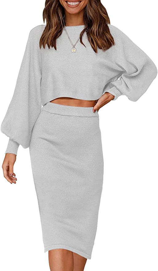 ZESICA Women's Casual Two Piece Outfits Long Sleeve Ribbed Knit Top and Bodycon Midi Skirt Oversi... | Amazon (US)