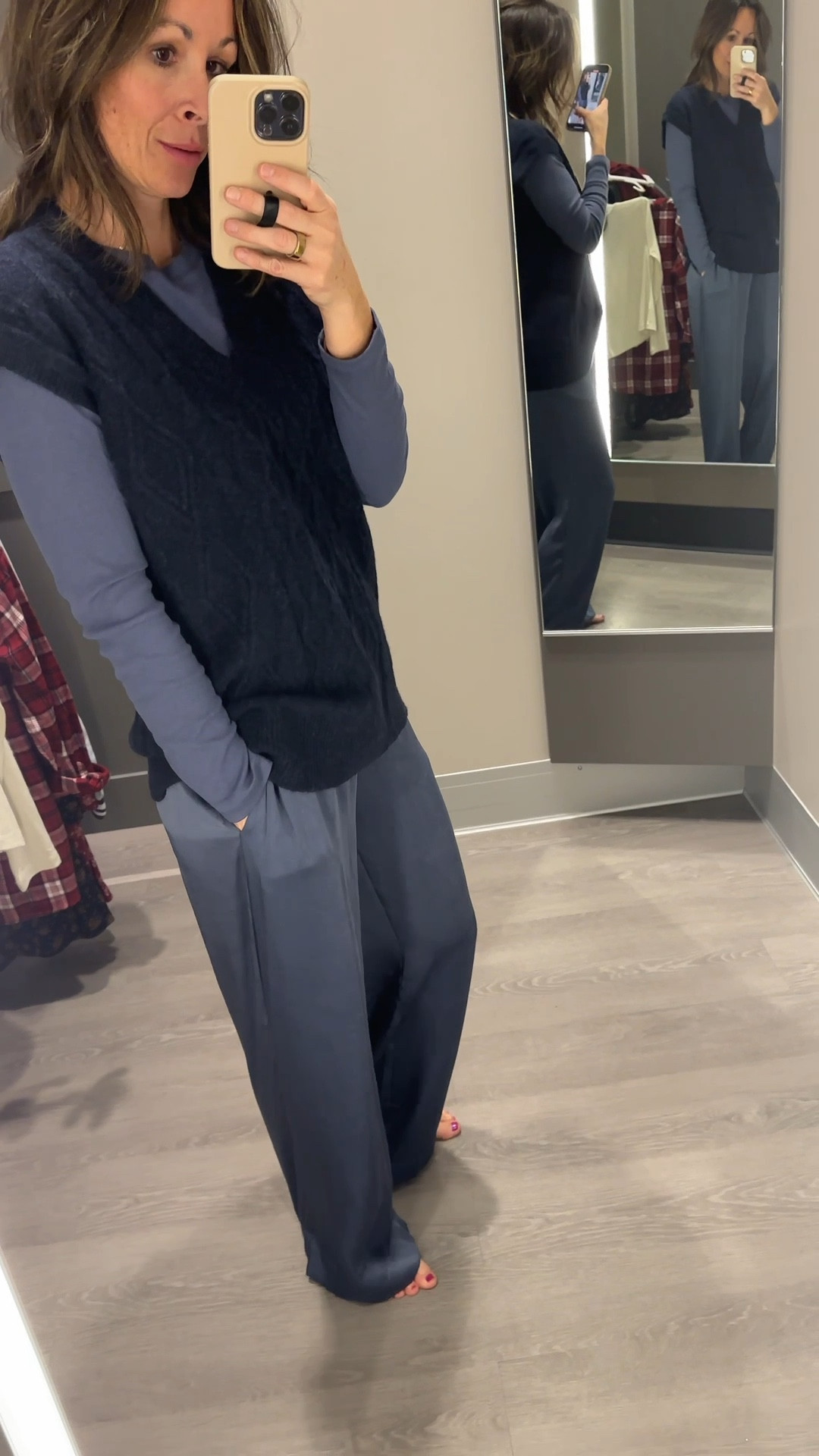 This all blue comfy, but stylish outfit is perfect for Thanksgiving day. If you’re ideal Thanksgiving day outfit is comfortable but stylish, and also pants that will stretch with food and can sit quietly and nicely on the couch or hanging out drinking cocktails, this one is for you. You can dress down with flats or sneakers, and dress up with a fun heel.

#LTKFindsUnder50 #LTKOver40 #LTKSeasonal