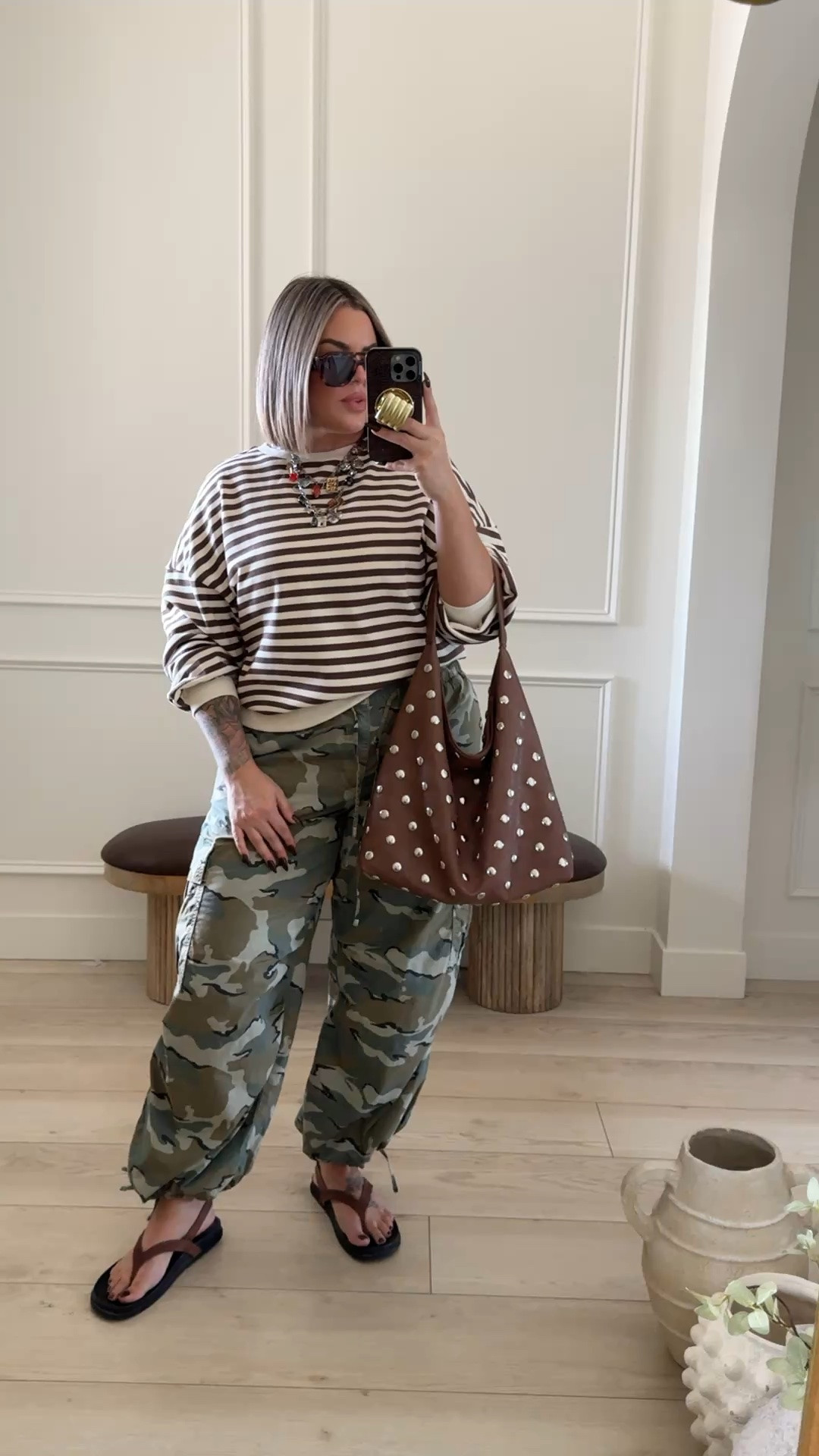 Top L 
Pants L 
Sandals are old but linked other styles that would be just as cute