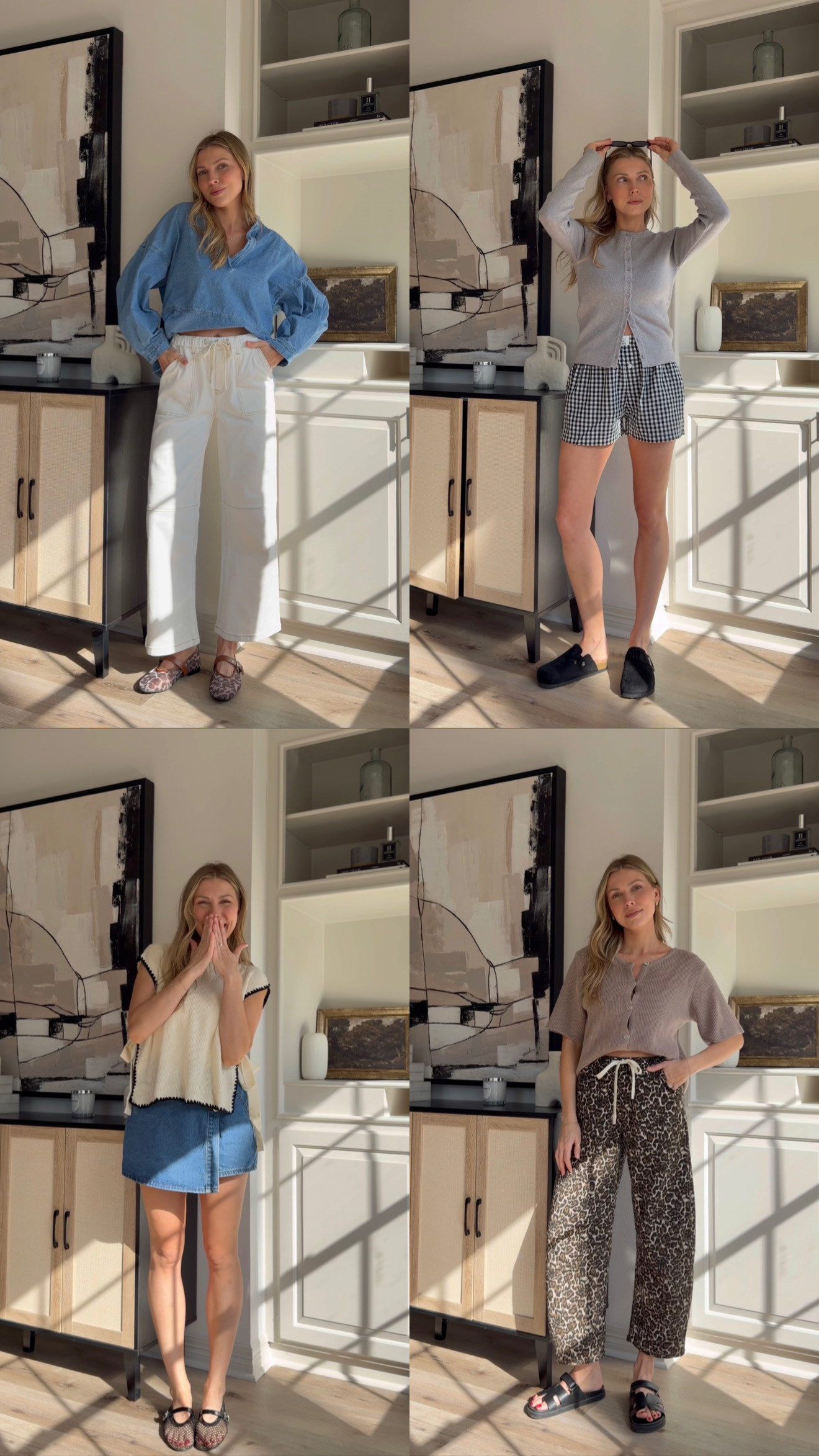 Comfy casual mom outfits! All nursing friendly + have stretchy waistbands! Sizing: M in denim shirt, S in all other tops. Size 4 in white jeans, M in boxers and denim skort, and S in leopard jeans. 

 #LTKootd #LTKmomlife #LTKFindsUnder50