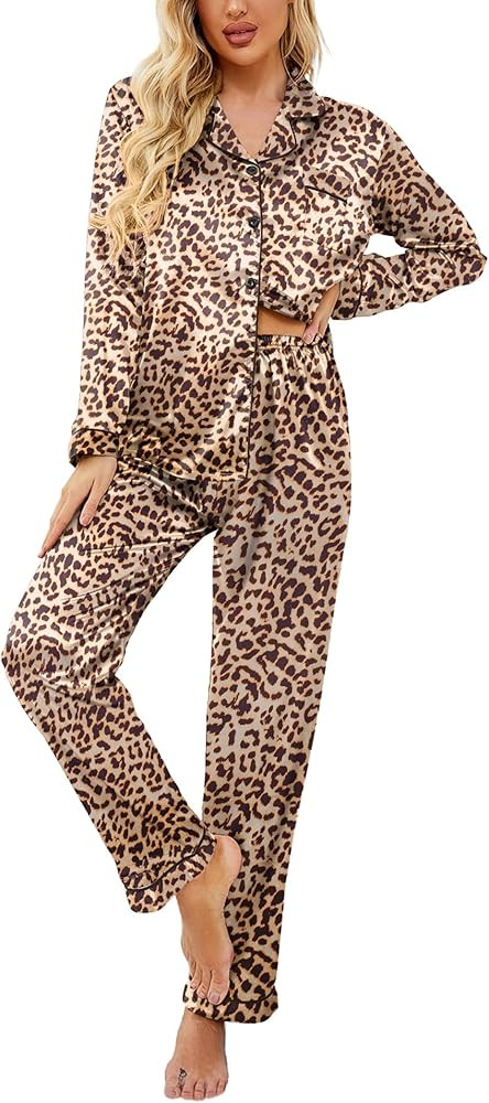 Ekouaer Womens Satin Pajama Set Classic Pattern Silky Pj Sets Button Down Sleepwear Loungewear | Amazon (US)