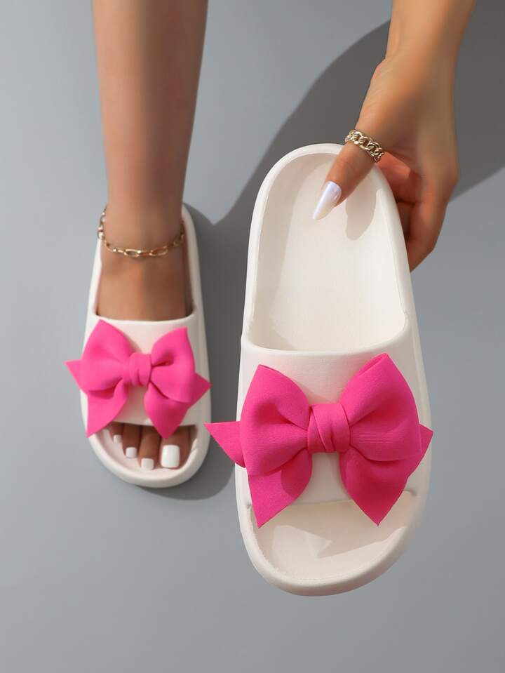 Bow Decor Single Band Slides, White Preppy College Style Bowknot Solid Color Slippers | SHEIN