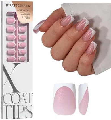 BTArtboxnails XCOATTIPS French Tip Press On Nails - Pink Glitter Base Short Square Press On Nails... | Amazon (US)