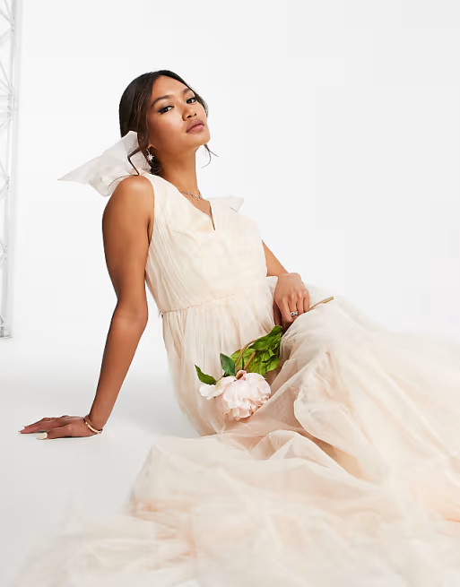 ASOS DESIGN tulle bow tie tiered maxi dress in champagne | ASOS (Global)