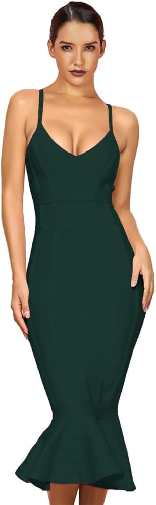 Maketina Women's Mermaid Spaghetti Strap V Neck Bodycon Midi Cocktail Bandage Dress | Amazon (US)