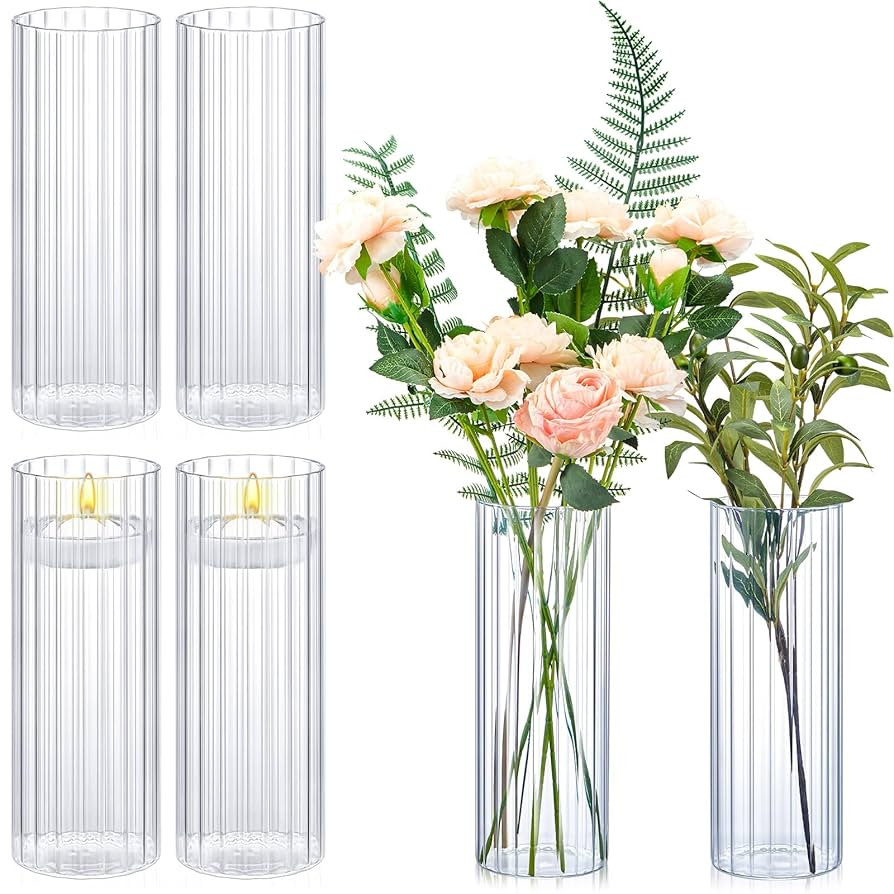 6 Pcs 10 Inch Tall Glass Ribbed Cylinder Vases Clear Floating Candle Flower Vase in Bulk, Hurrica... | Amazon (US)
