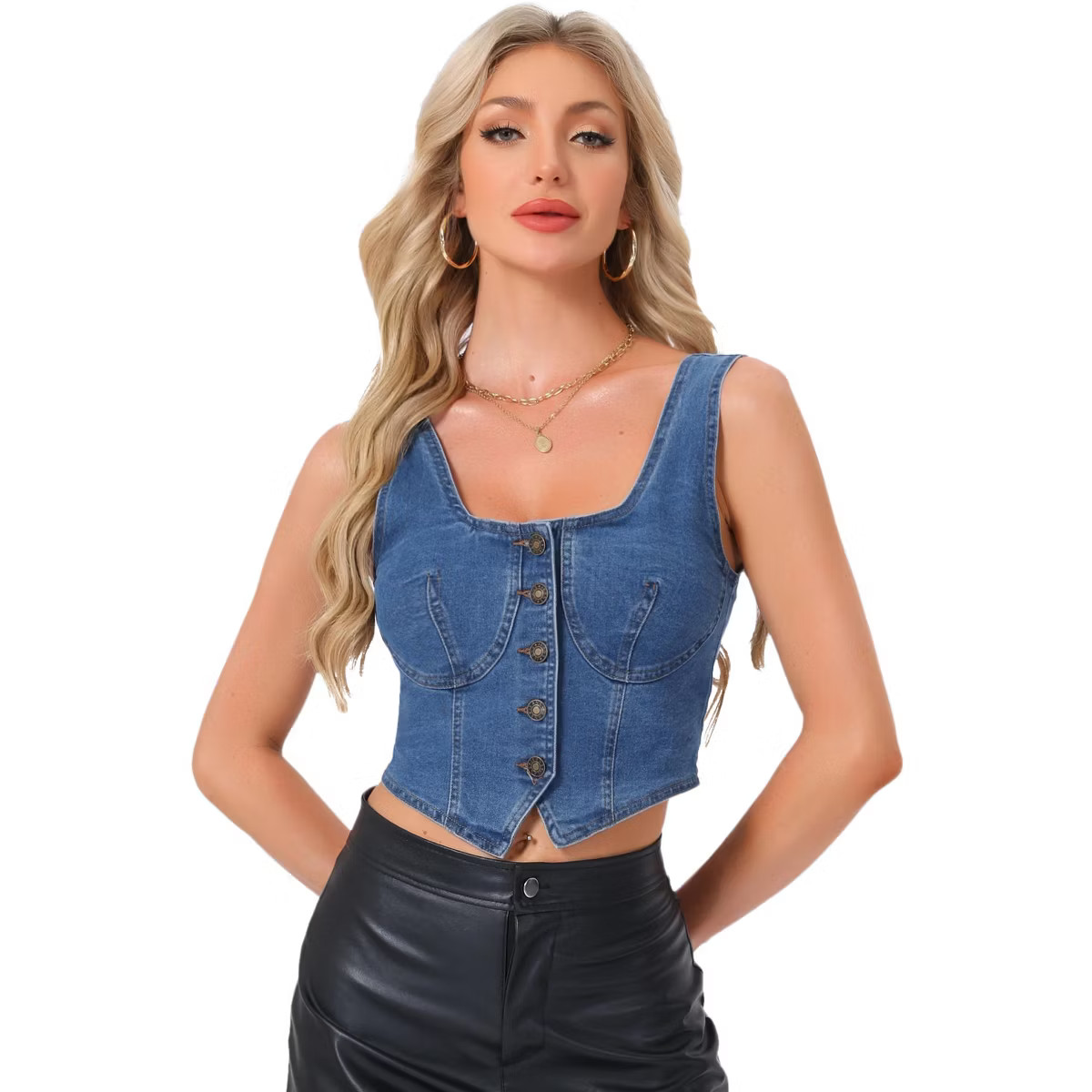 INSPIRE CHIC Women's Casual Sleeveless Square Neck Button Down Cropped Denim Vest | Target