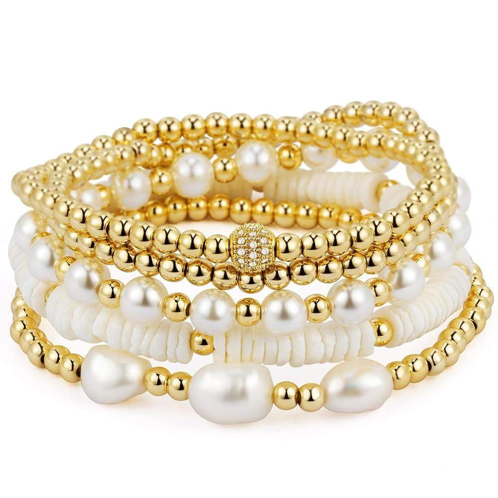 Gold Bracelets for Women Gold Bracelet Stack Pearl Beaded Bracelets for Women 14K Gold Plated Str... | Amazon (US)