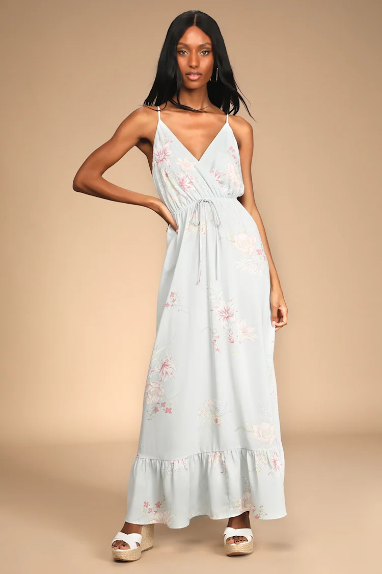 Endless Vacay Sage Blue Floral Print Surplice Maxi Dress | Lulus (US)