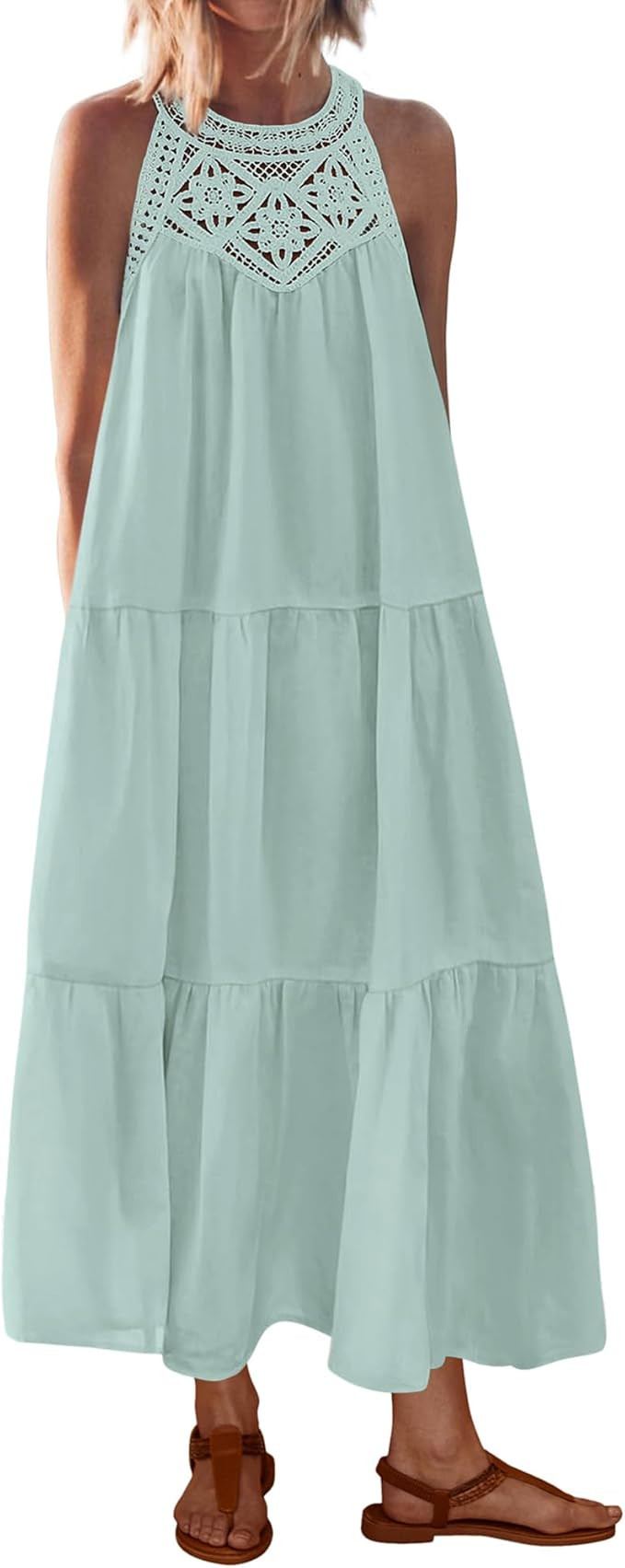 BTFBM Halter Summer Dresses for Women 2026 Casual Spring Hollow Out Sleeveless Boho Sundresses Be... | Amazon (US)