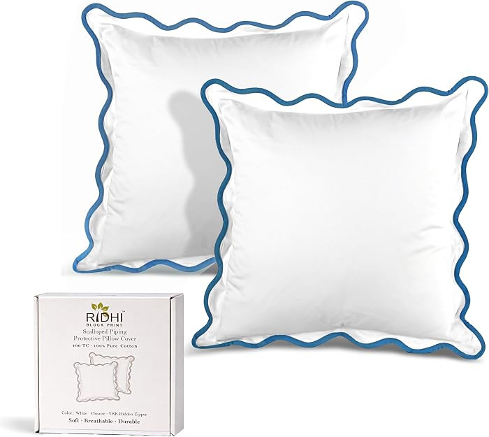 White with Blue Scalloped 100% Cotton Throw Pillow Covers 24x24 Inch | Amazon (US)