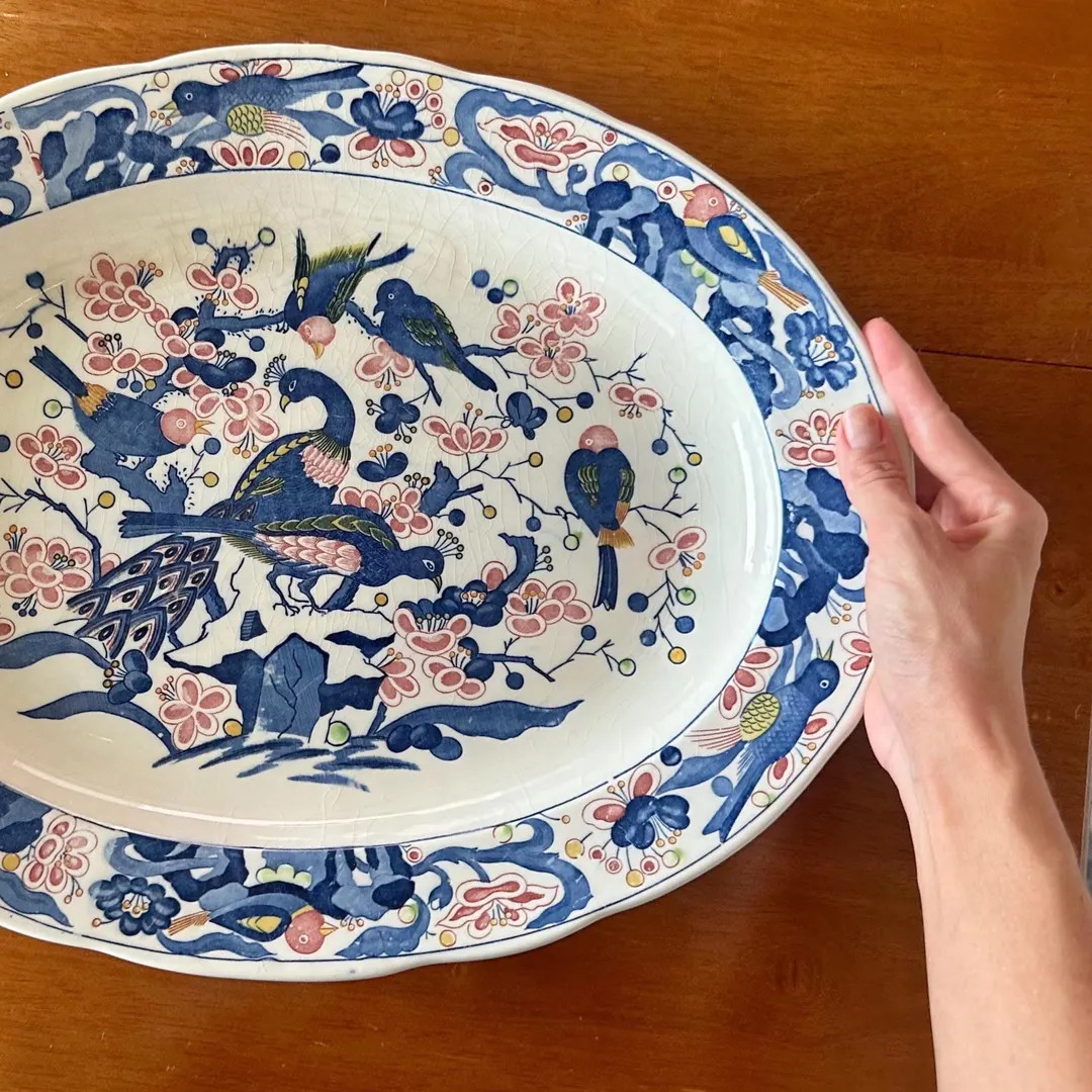Vintage Japanese Porcelain Platter, Blue Peacock Floral Chinoiserie Decor - Etsy | Etsy (US)