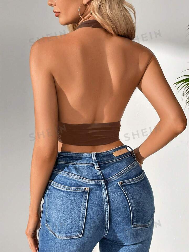 SHEIN Tall Sexy Summer Deep V-Neck Halter Crop Top | SHEIN