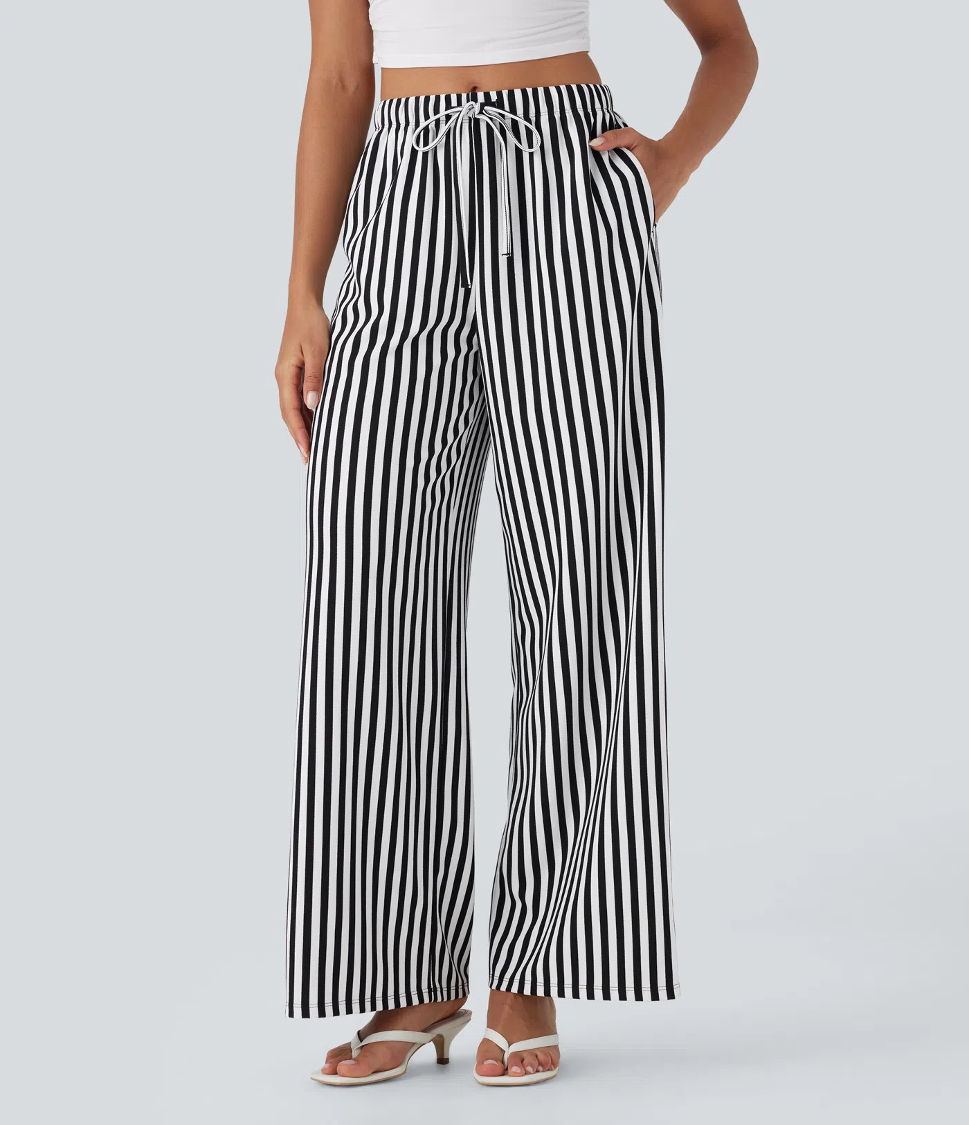 Women’s High Waisted Drawstring Stripe Waffle Wide Leg Pants with Pockets - Halara | HALARA