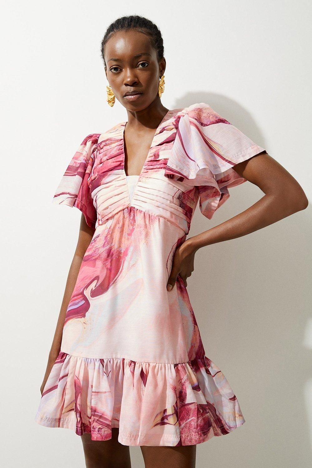 Marble Print Cotton Voile Puffy Sleeve Woven Mini Dress | Karen Millen UK + IE + DE + NL