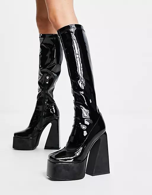 Simmi London Amani platform flare heel knee boots in black patent | ASOS (Global)