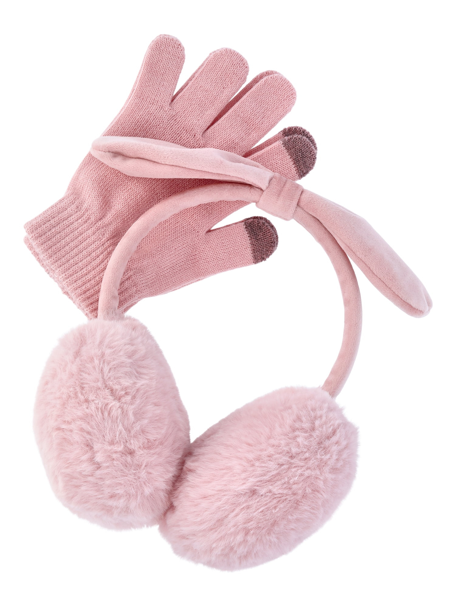 Wonder Nation Girls Faux Fur Bow Earmuffs and Gloves Set, 2-Piece, One Size - Walmart.com | Walmart (US)